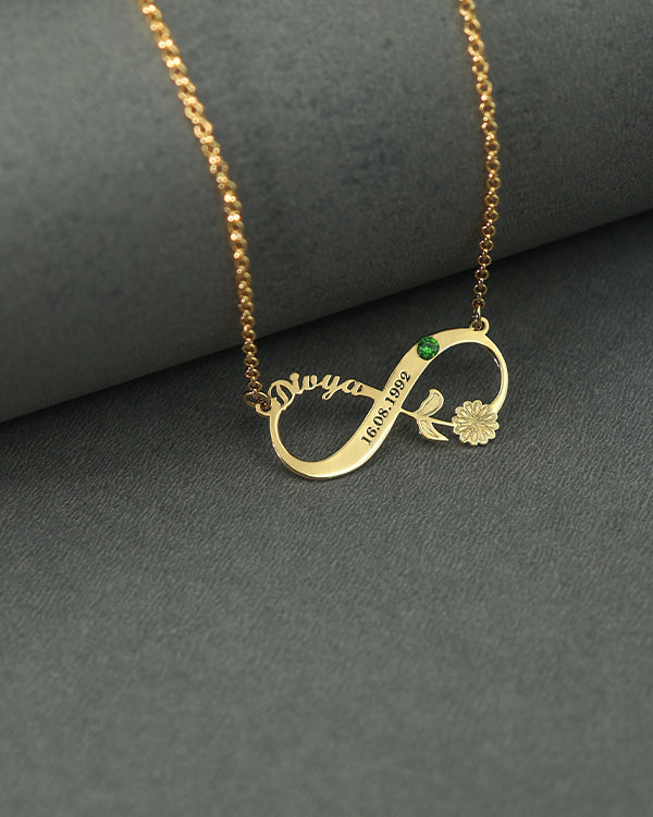 Personalized 925 Sterling Silver Birth Stone Flower Custom Name Infinity Necklace