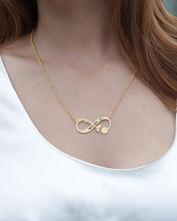 Personalized 925 Sterling Silver Birth Stone Flower Custom Name Infinity Necklace