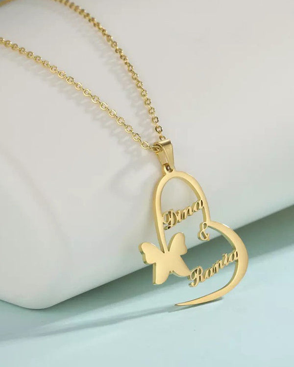 Personalised Couple Name Heart And Butterfly Pendant