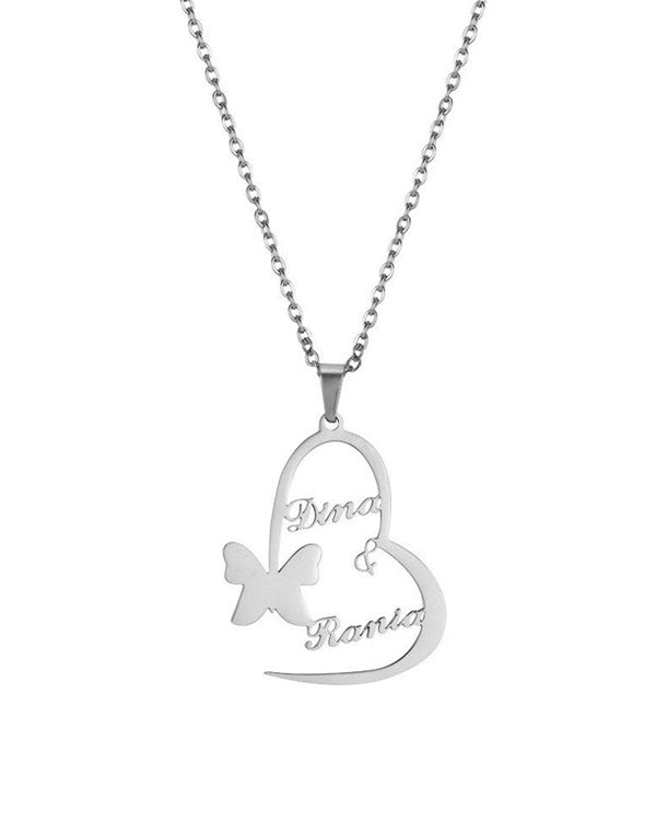 Personalised Couple Name Heart And Butterfly Pendant