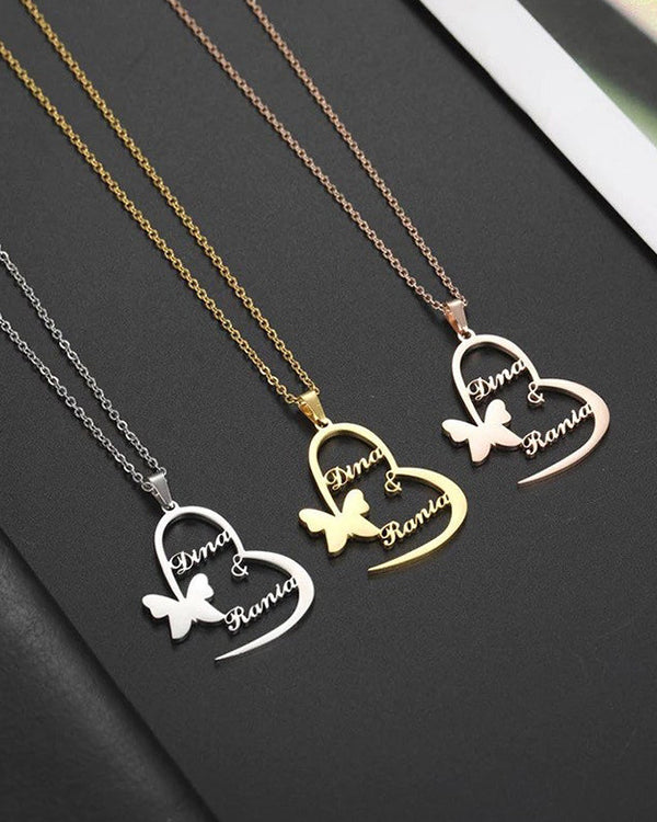 Personalised Couple Name Heart And Butterfly Pendant