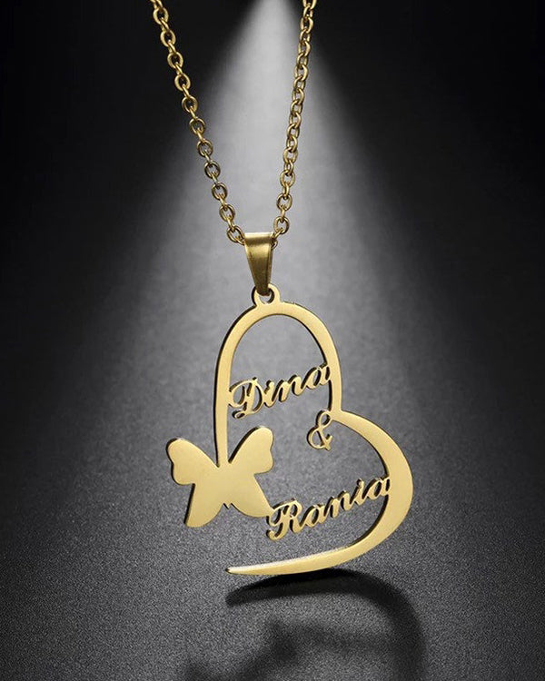 Personalised Couple Name Heart And Butterfly Pendant