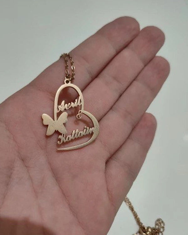 Personalised Couple Name Heart And Butterfly Pendant