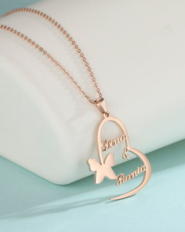 Personalised Couple Name Heart And Butterfly Pendant