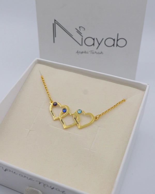 Personalized 925 Sterling Silver Heart 3 Birthstone Engraved Name Necklace