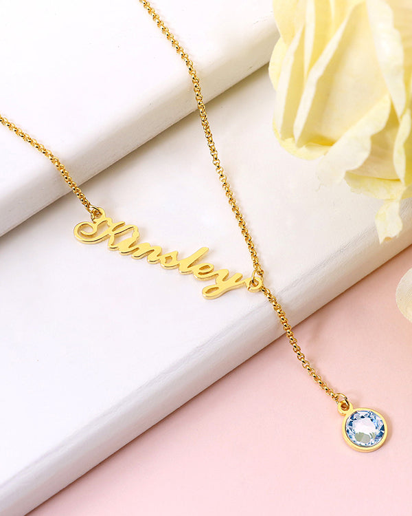 Personalised Name And Dangling Birthstone Necklace